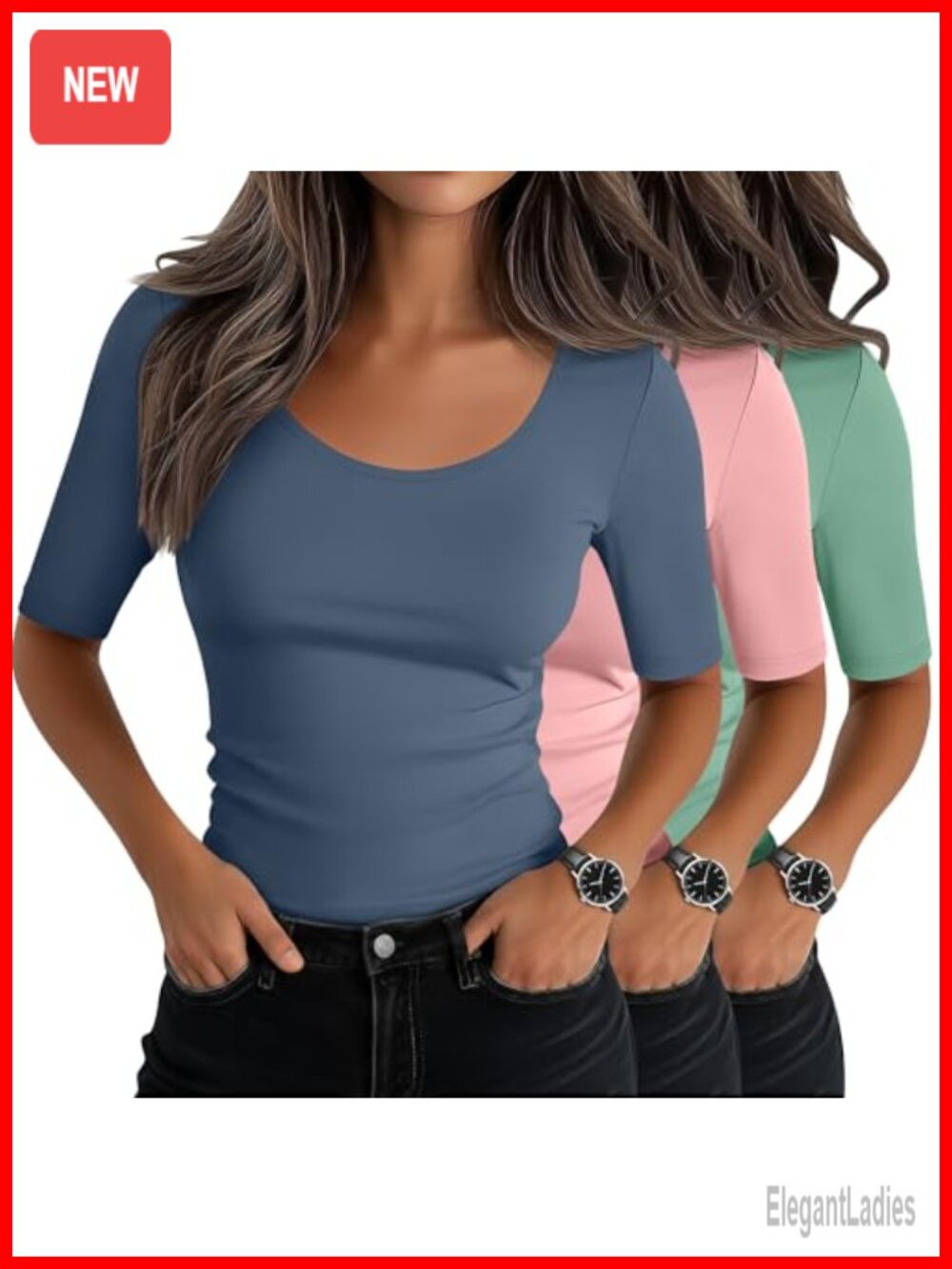 Fitted Scoop Neck Half Sleeve T-Shirts Cotton Blend Slim Fit Tees 3 Pack